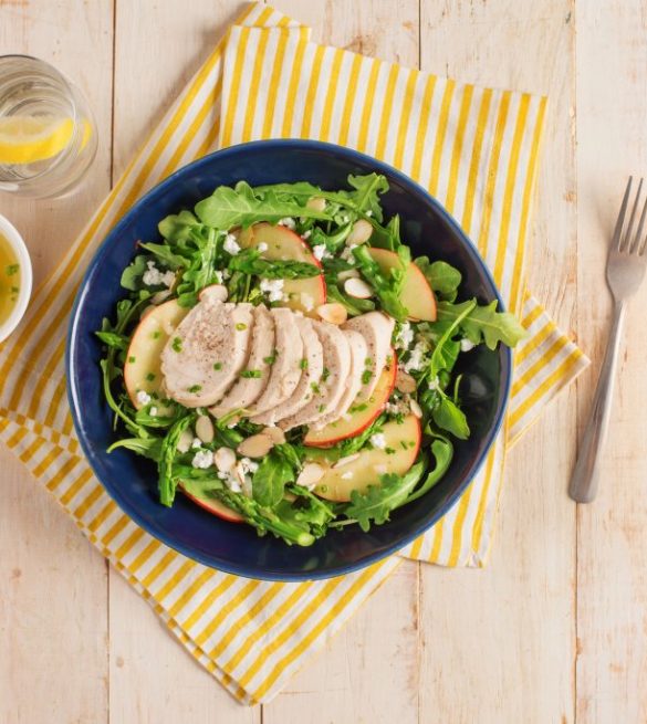 Apple-Poached Chicken, Goat Cheese and Asparagus Salad